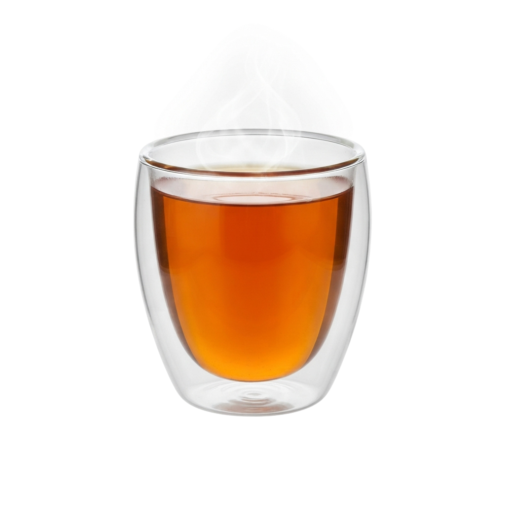 A clear glass travel mug with a lid containing a warm amber-colored liquid, likely tea or coffee.