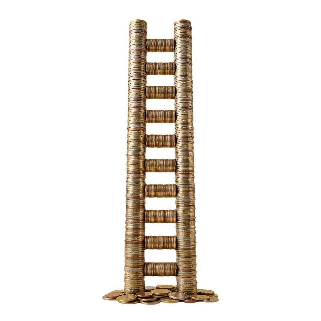 A tall ladder made of stacked gold-colored coins against a black background