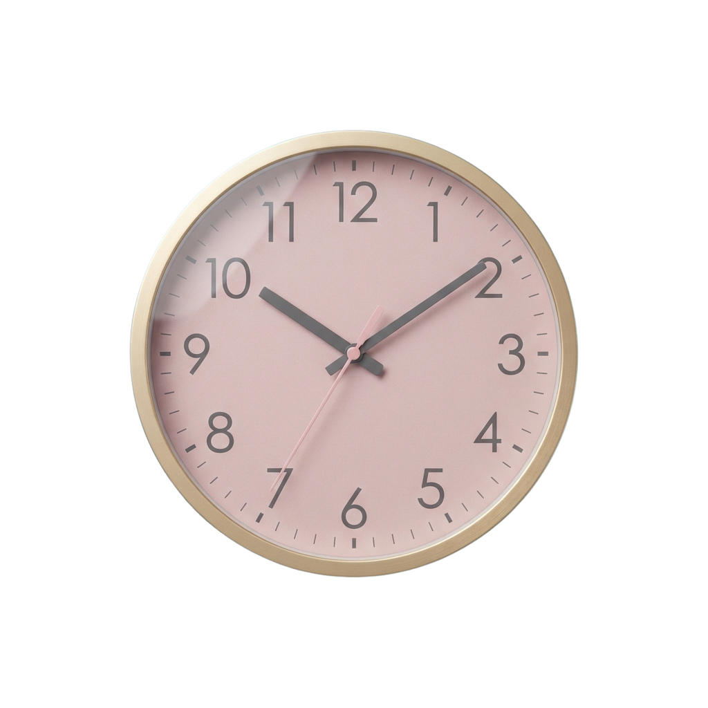 Analog clock with light pink face and gold rim showing time around 10:10