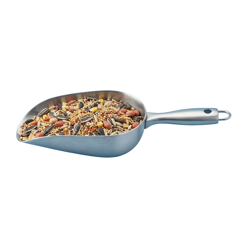 A stainless steel scoop filled with assorted birdseed against a black background