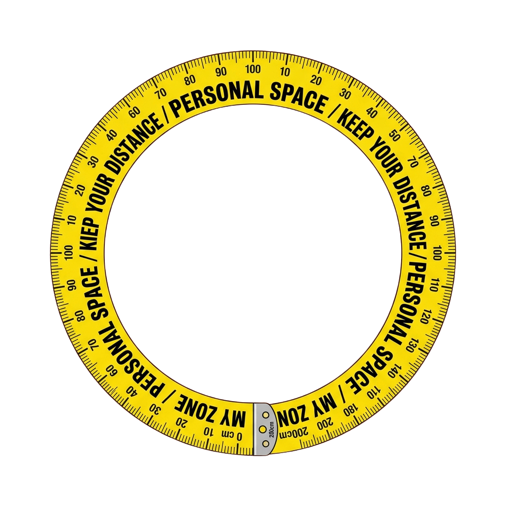 Yellow circular measuring tape illustrating personal space distances from 0 to 200 cm with text prompts to keep your distance