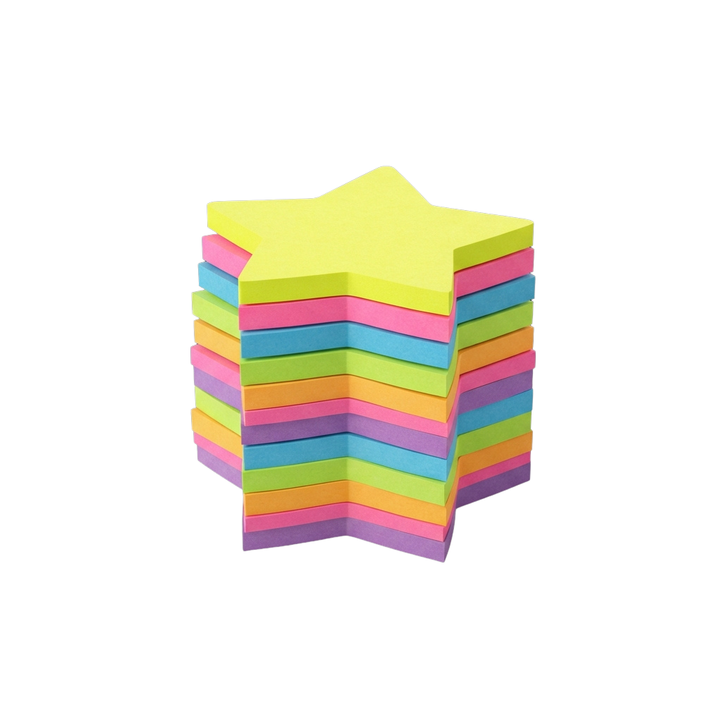 A stack of star-shaped sticky notes in multiple bright colors including yellow, pink, blue, green, orange, and purple