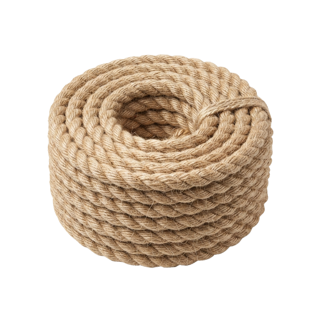 A coiled ball of light brown natural jute rope against a black background