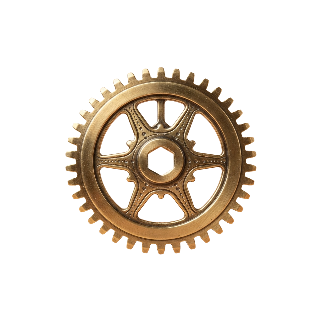 A detailed image of a large brass-colored gear with intricate internal structure and teeth