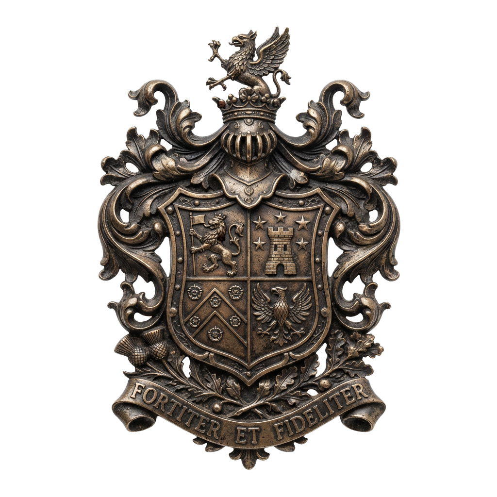 Intricate coat of arms featuring a crowned eagle, shield with lion and eagle symbols, and the motto Fortiter Et Fideliter