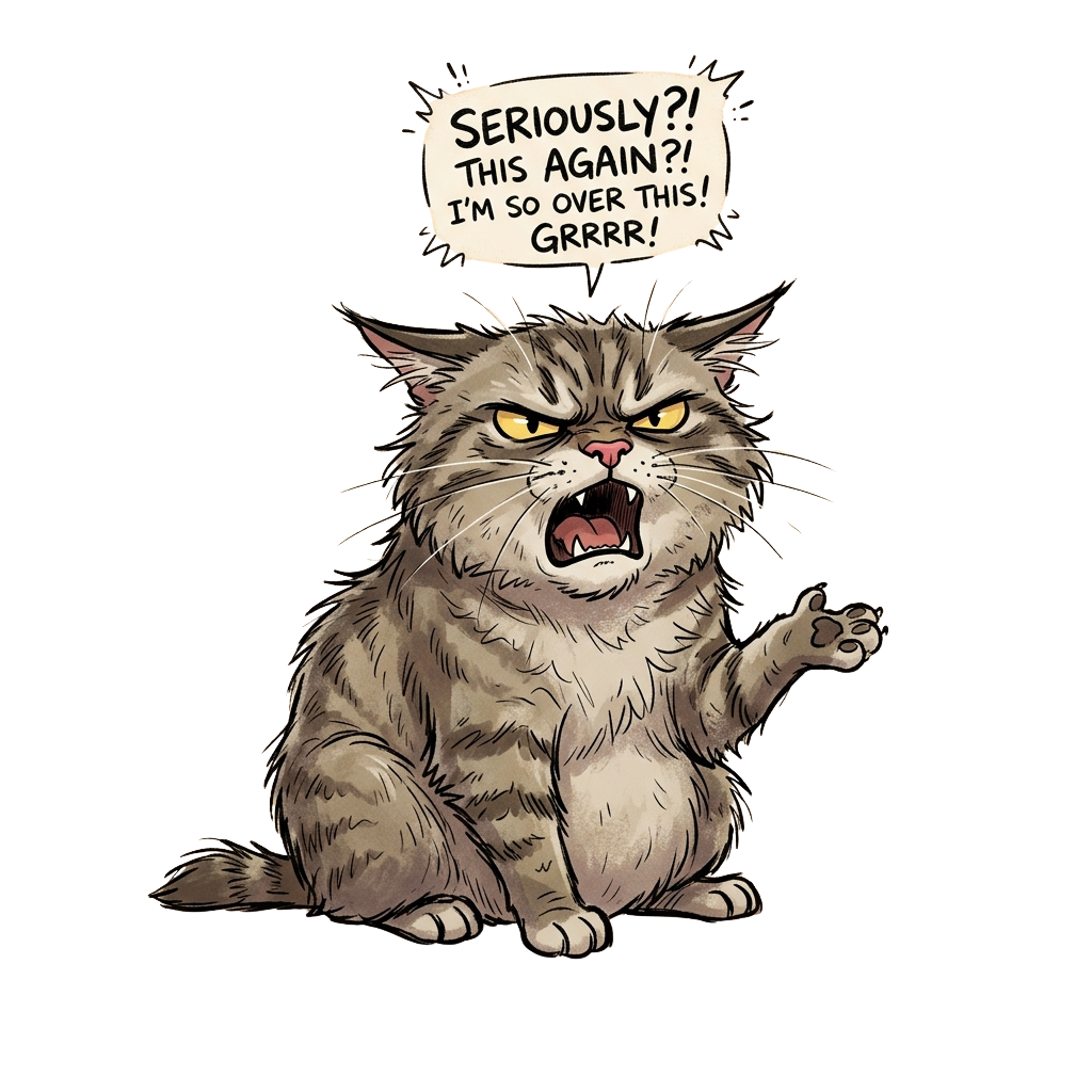 Angry cat sitting with a speech bubble saying it's fed up with something repeating