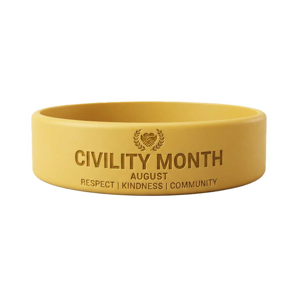 Yellow wristband with Civility Month text and symbols for respect, kindness, and community