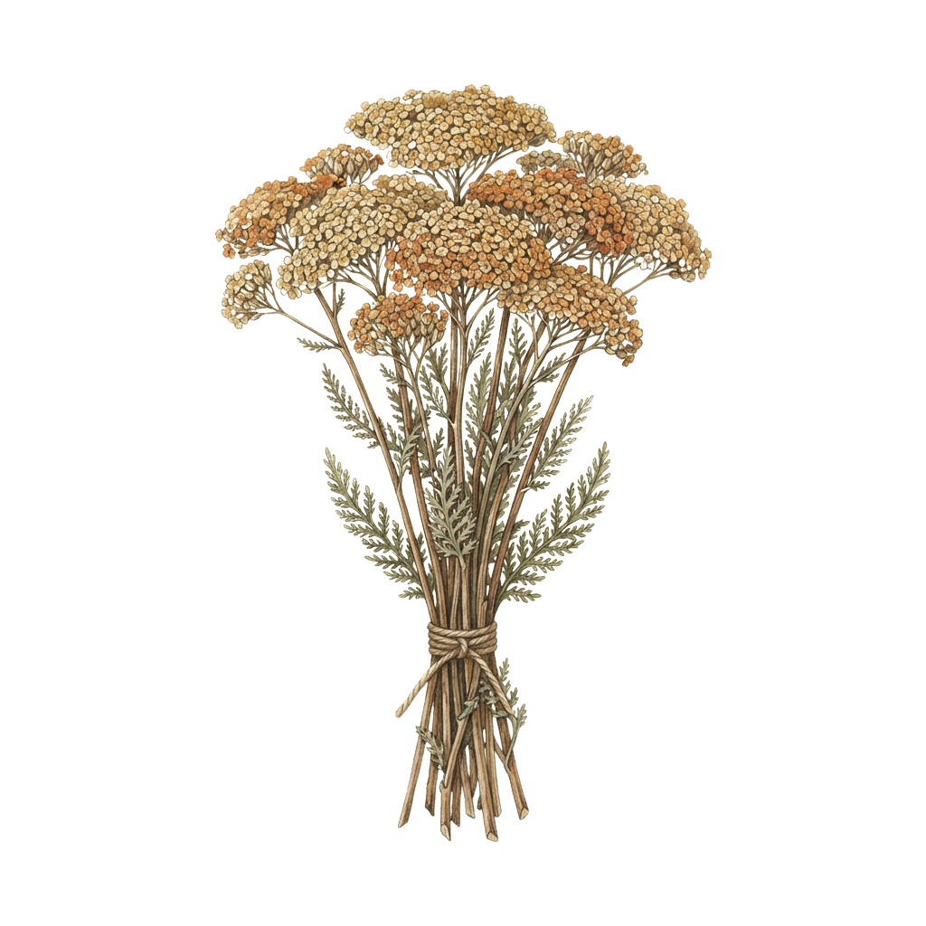 Bundle of dried yarrow flowers tied with twine against a black background