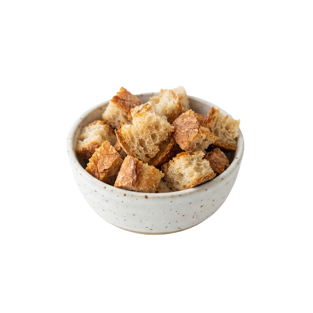 A white speckled bowl filled with golden-brown toasted croutons