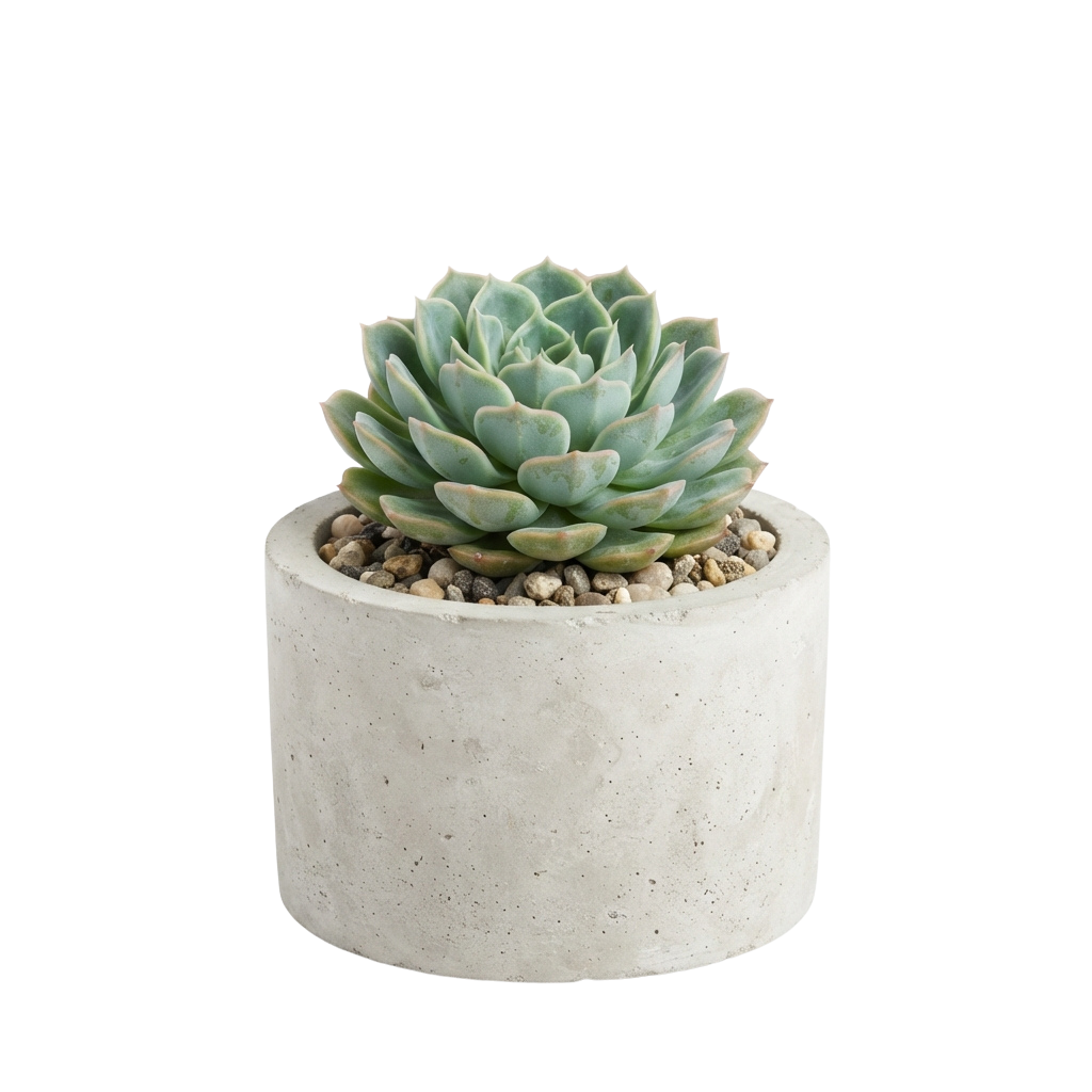 A rosette-shaped succulent plant in a cylindrical concrete pot with small pebbles.