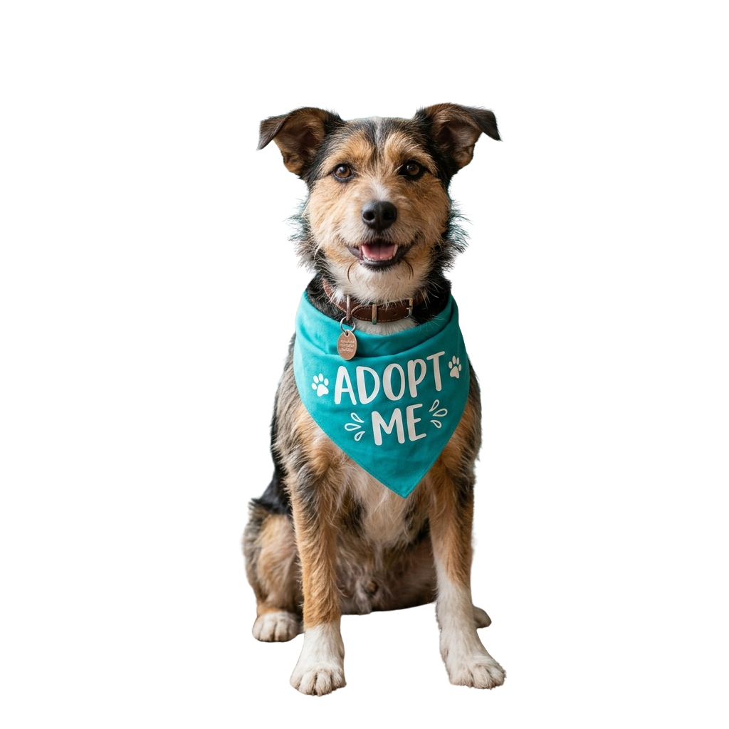 Smiling dog with brown and black fur wearing a teal adopt me bandana
