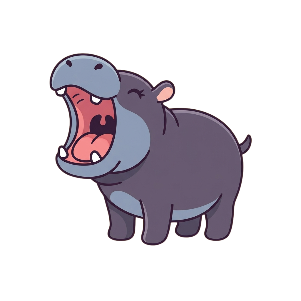 A cartoon hippo with its mouth wide open, appearing to yawn against a black background