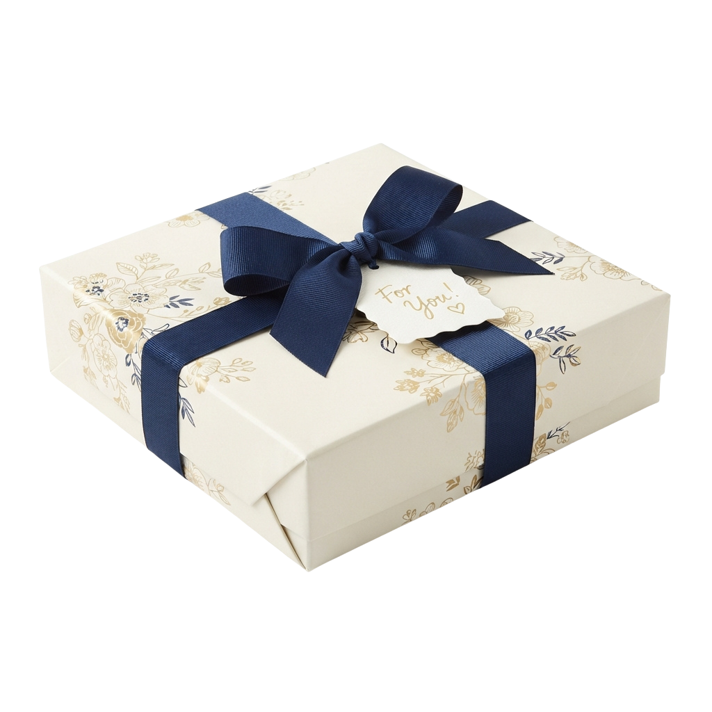 A beautifully wrapped gift box with a blue satin ribbon tied in a bow and floral embossing, labeled for you