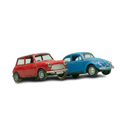 Two small model cars, one red and one blue, parked side by side against a black background