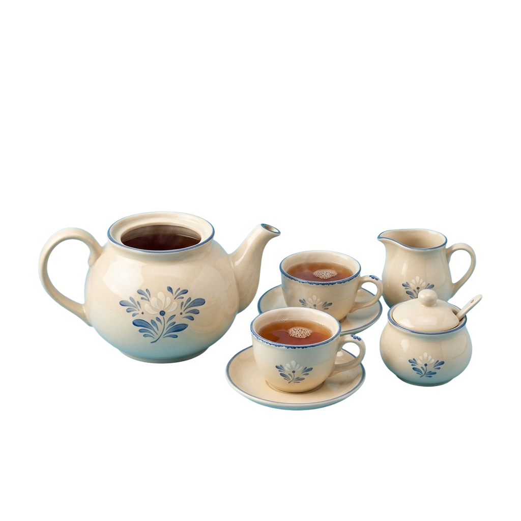 A white ceramic tea set with blue floral designs, including a teapot, two cups with saucers, a creamer, and a sugar bowl