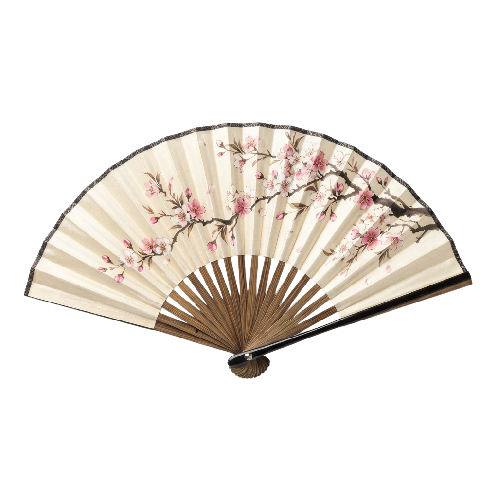 Decorative fan with cream background and pink cherry blossom branch artwork