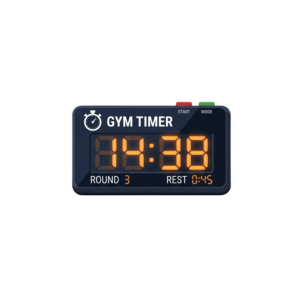 Digital gym timer displaying 44 seconds remaining, round 3, with 45 seconds rest time