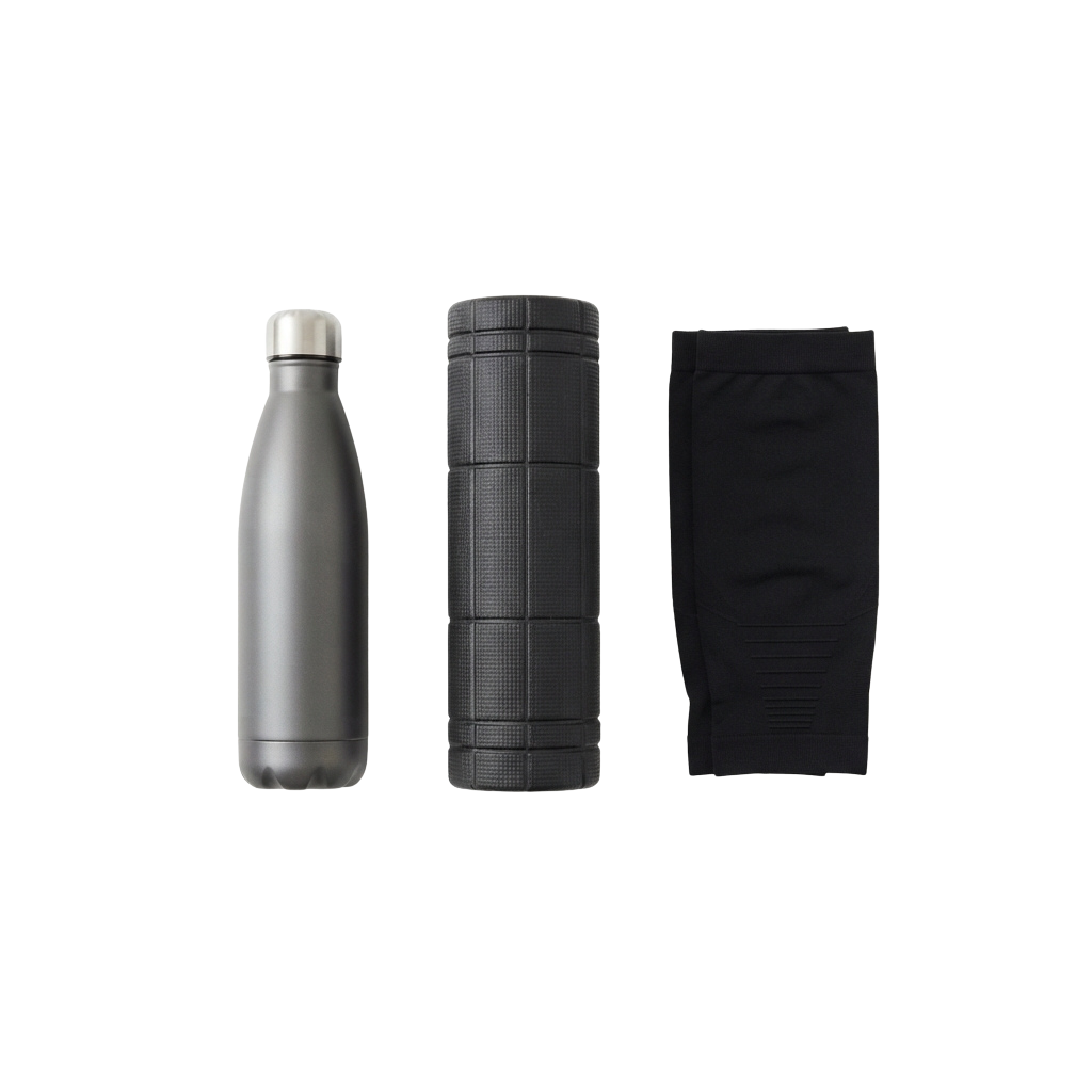 Three views of a sleek stainless steel water bottle: smooth, textured mesh sleeve, and fabric sleeve.