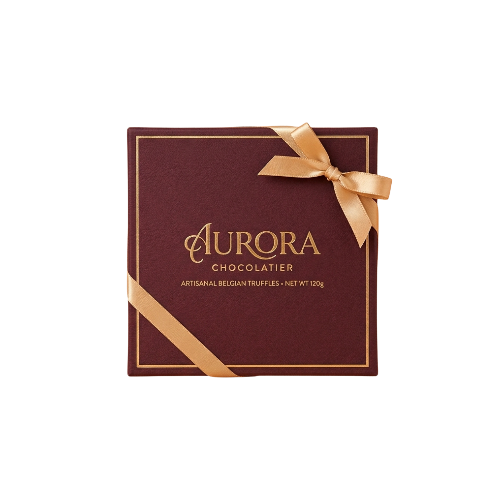 Dark maroon gift box with gold ribbon and bow labeled artisanal Belgian truffles, net weight 120g