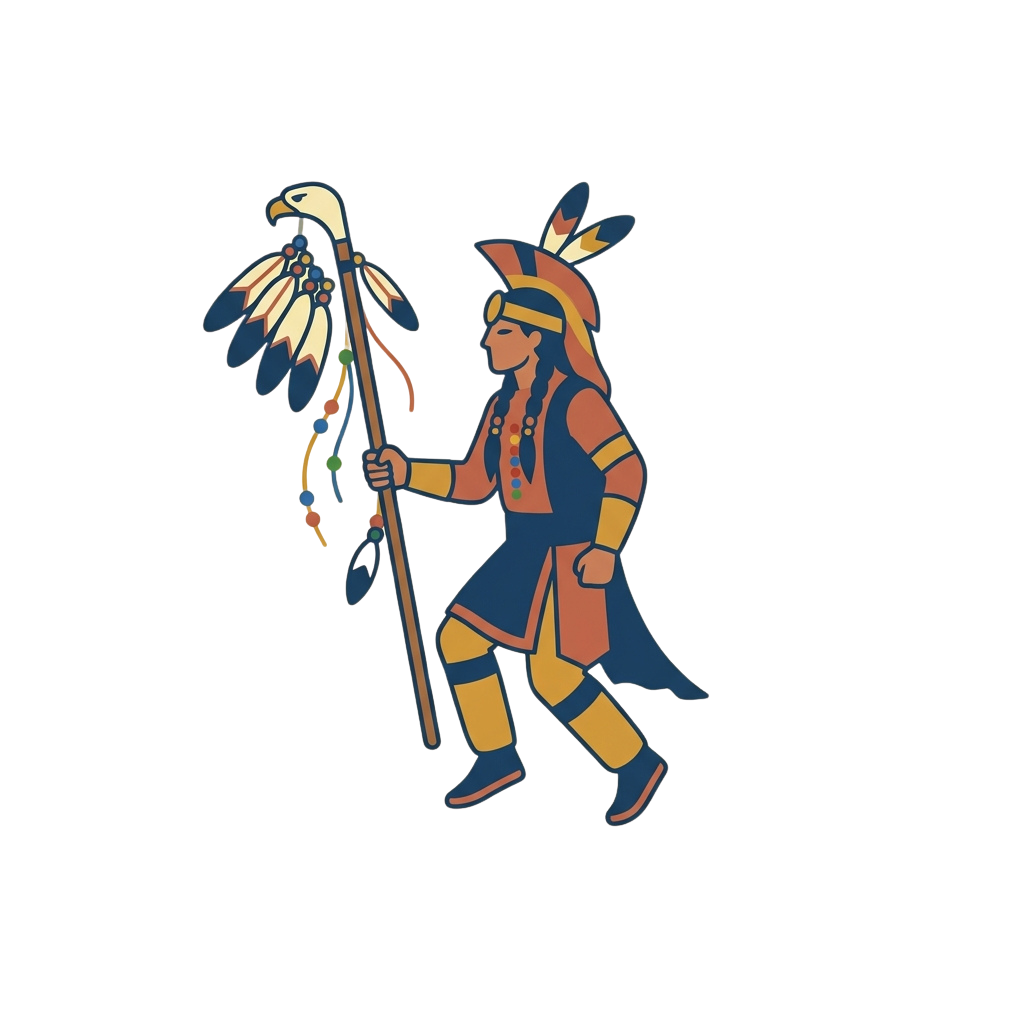 Illustration of a person in traditional Native American attire holding a staff with feathers and an eagle head