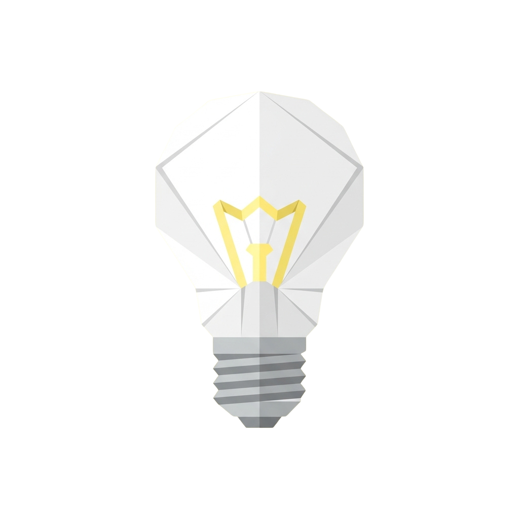 A stylized white lightbulb with a glowing yellow filament against a dark background