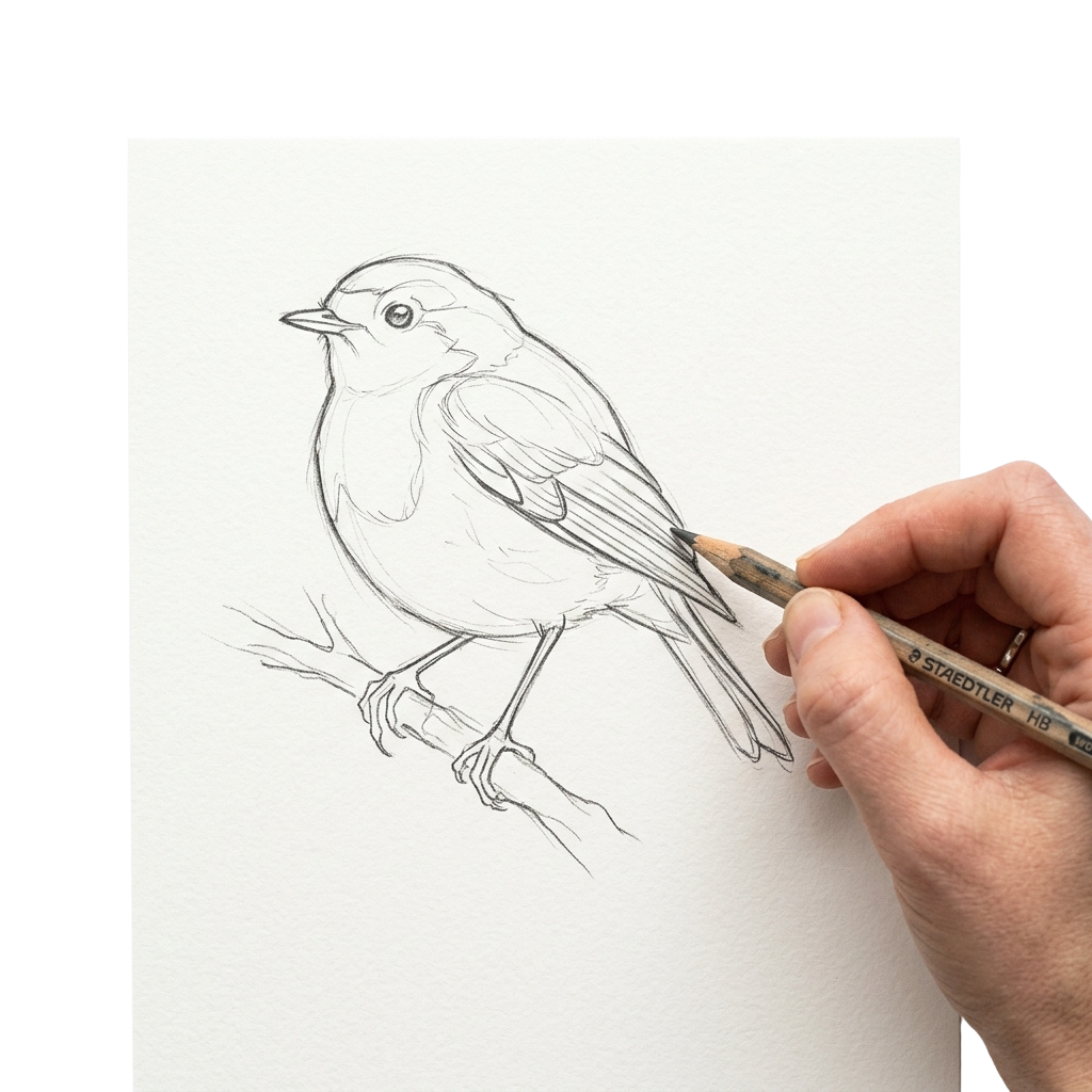 Sketch of a small bird sitting on a branch being drawn with a pencil