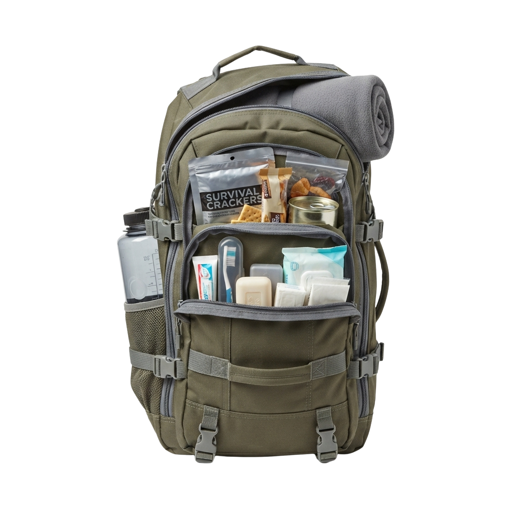 Green backpack open showing survival food, water bottle, first aid kit, and hygiene items