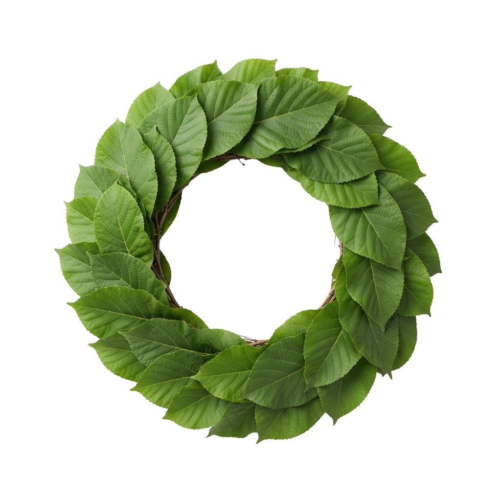 A circular wreath made of fresh green leaves arranged tightly together