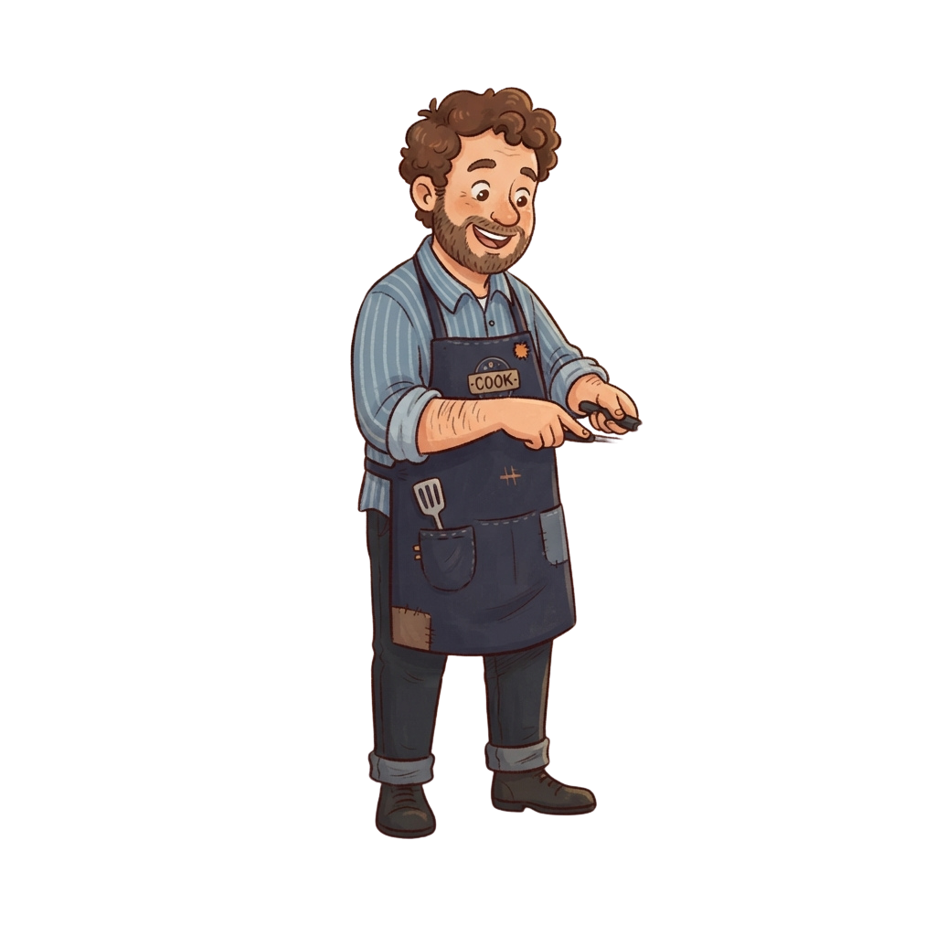 A smiling chef character in a blue apron and striped shirt holding a spoon and tongs.