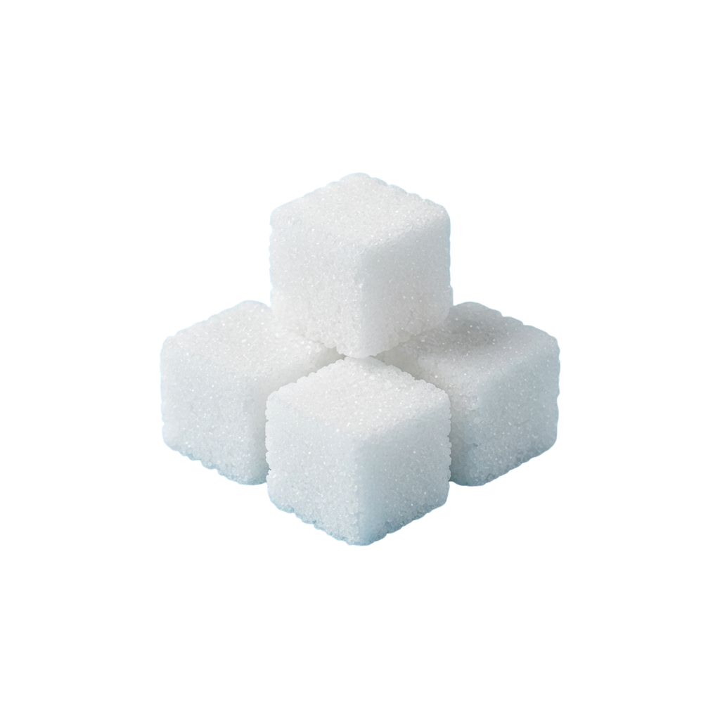 Four white sugar cubes stacked in a pyramid shape against a black background