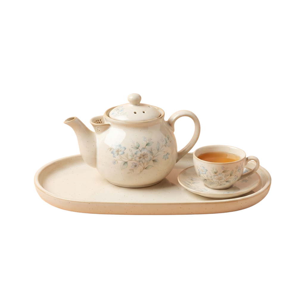 White ceramic tea set with floral design including a teapot, cup, and saucer on a tray