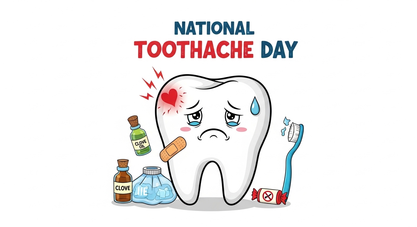 National Toothache Day Cartoon: Sad Tooth with Pain, Clove Oil, Ice Pack, Toothbrush - Feature Imagefeb 09 1