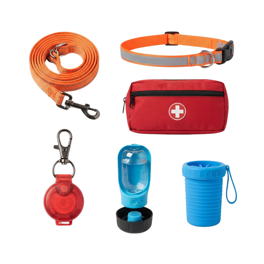 Dog travel kit including leash, harness, first aid pouch, water bottle, and collapsible bowl