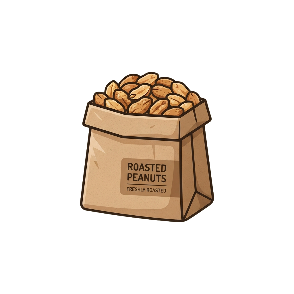 Illustration of a brown paper bag filled with roasted peanuts, labeled roasted peanuts freshly roasted
