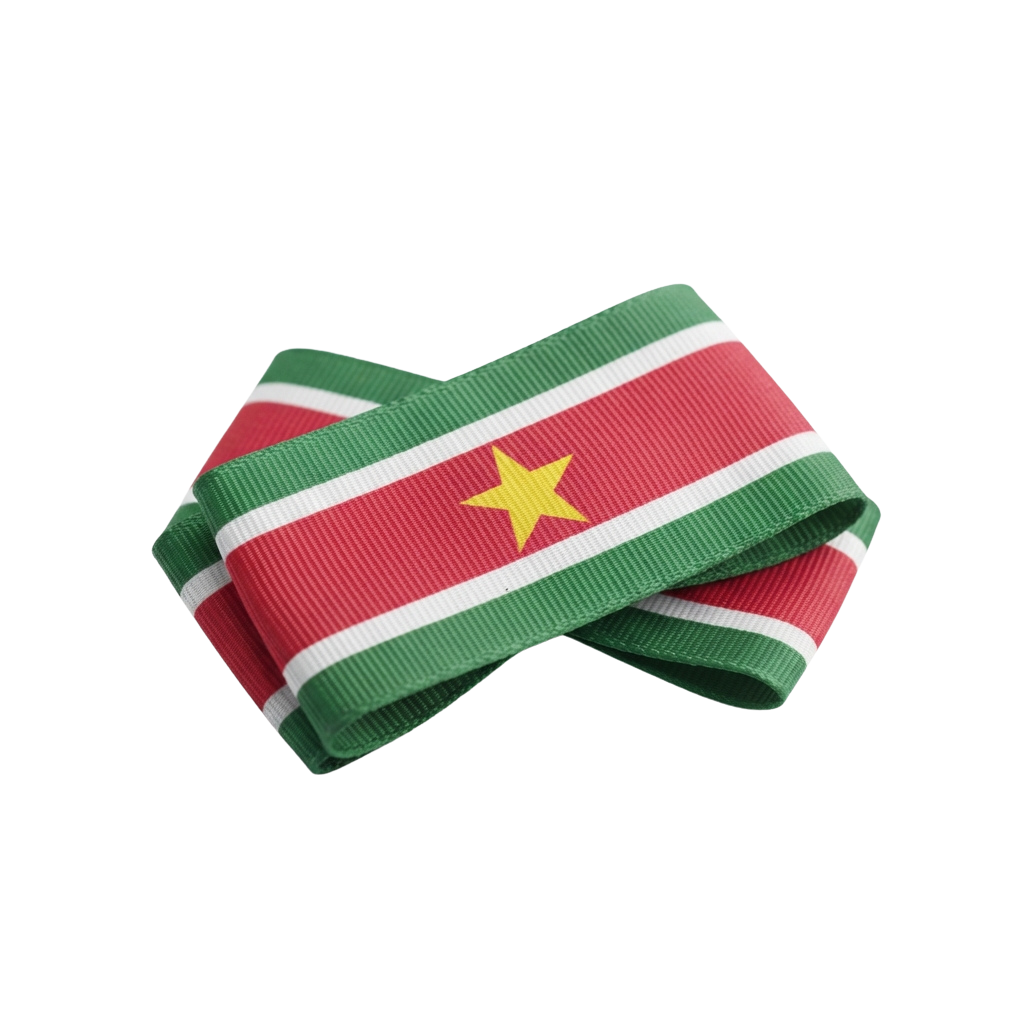 A woven fabric belt or tie featuring the national flag of Suriname with green, white, and red stripes and a yellow star