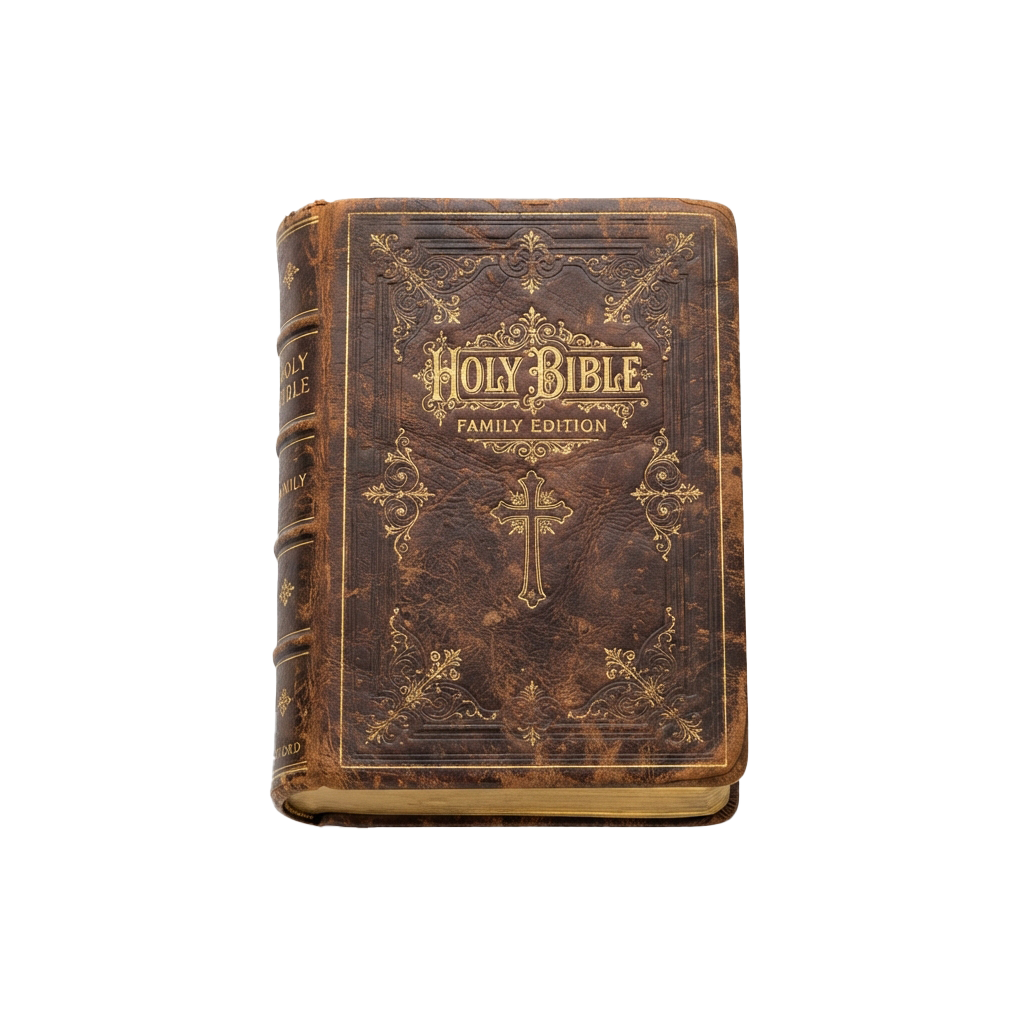 An ornate, aged leather-bound Holy Bible with gold embossed designs and a cross symbol on the cover