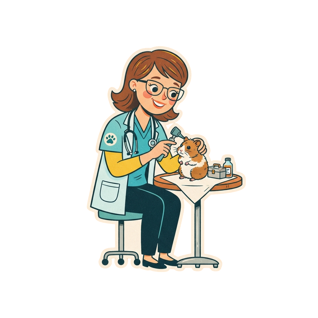 A veterinarian in a blue uniform examining a small hamster on a table with medical supplies nearby