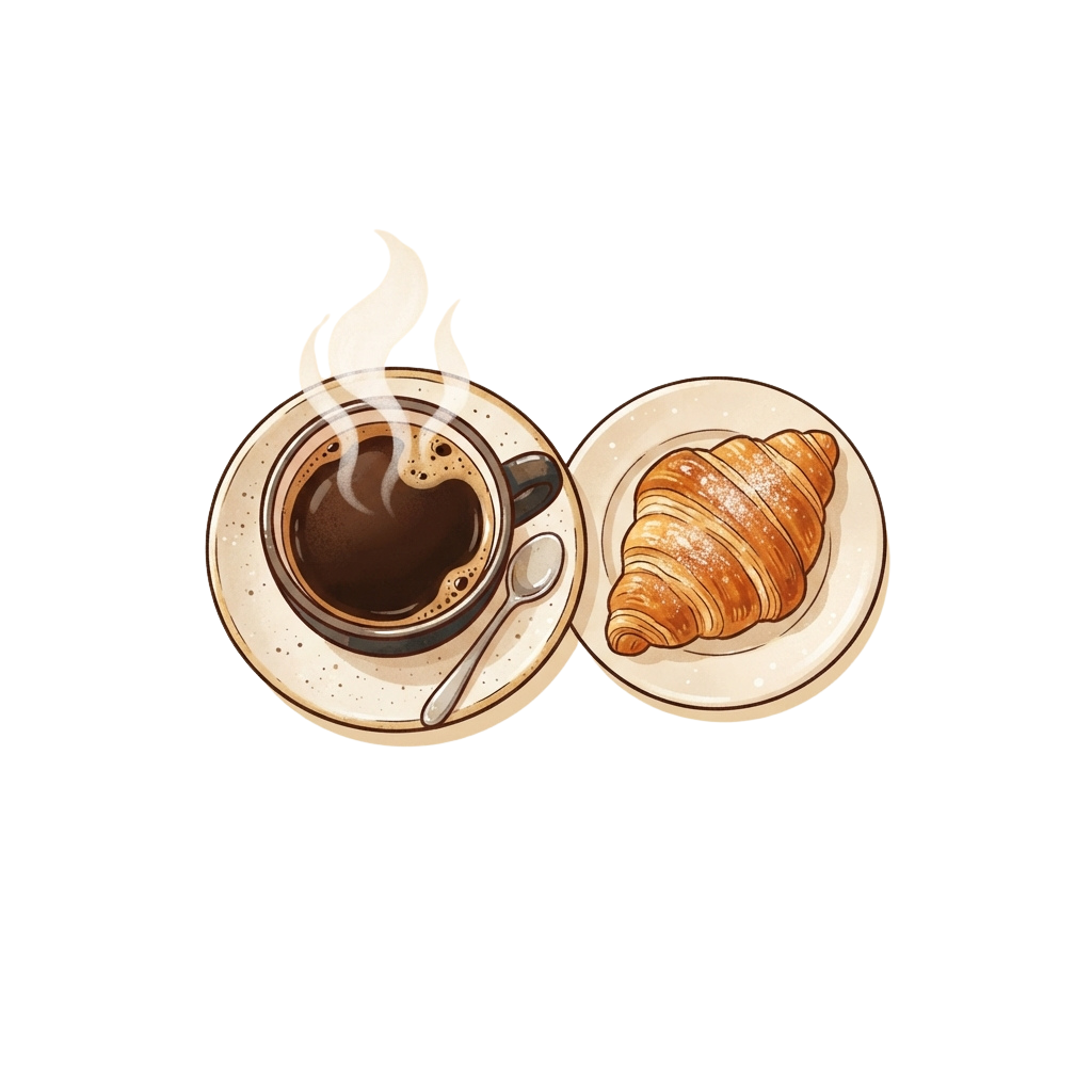 A cup of steaming coffee with a spoon and a plate with a croissant on a dark background