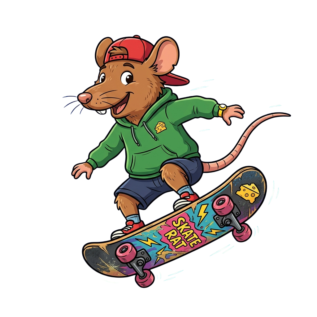 A cheerful cartoon mouse wearing a green jacket and cap, skateboarding with a colorful skateboard featuring cheese graphics.