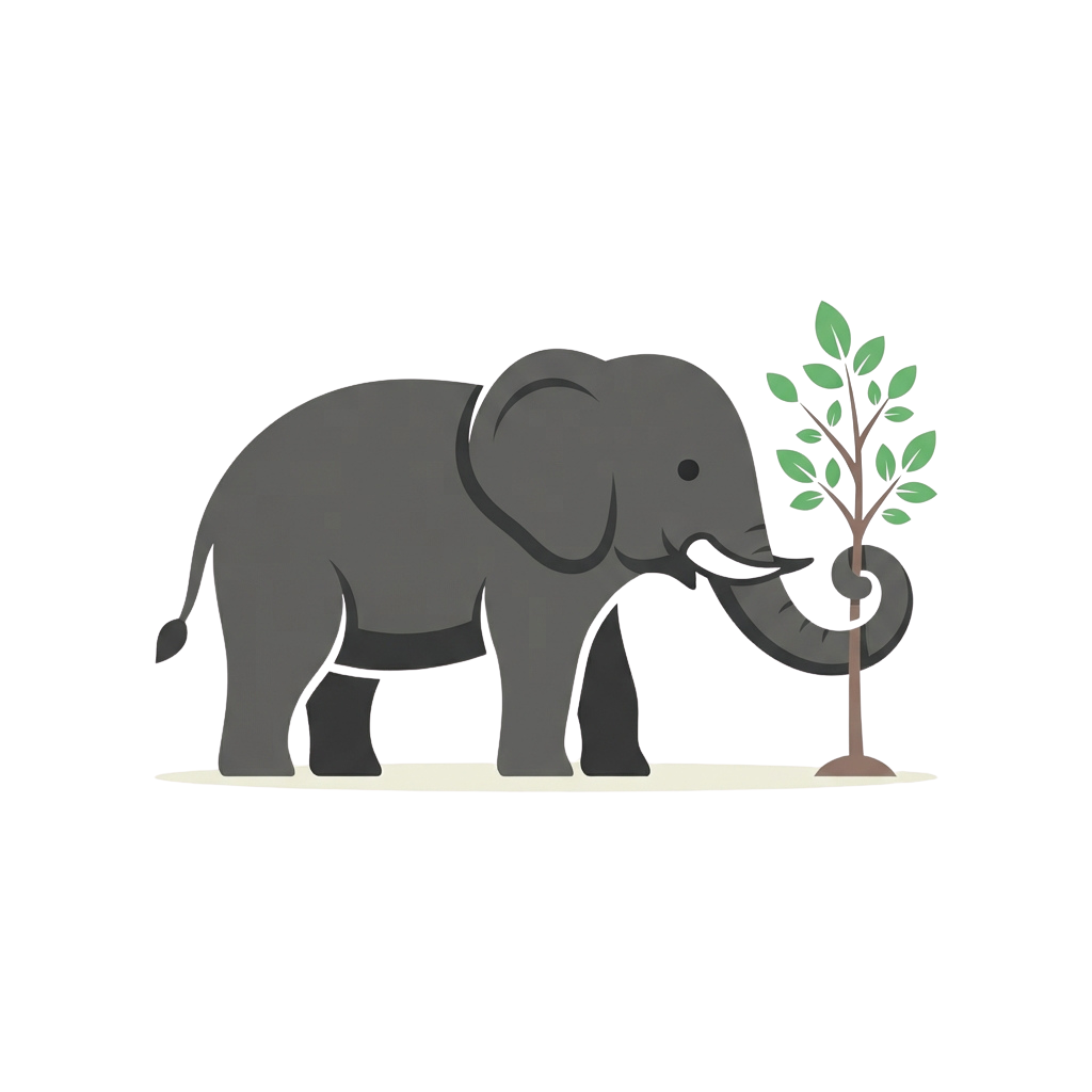 Gray elephant eating leaves from a small green tree branch
