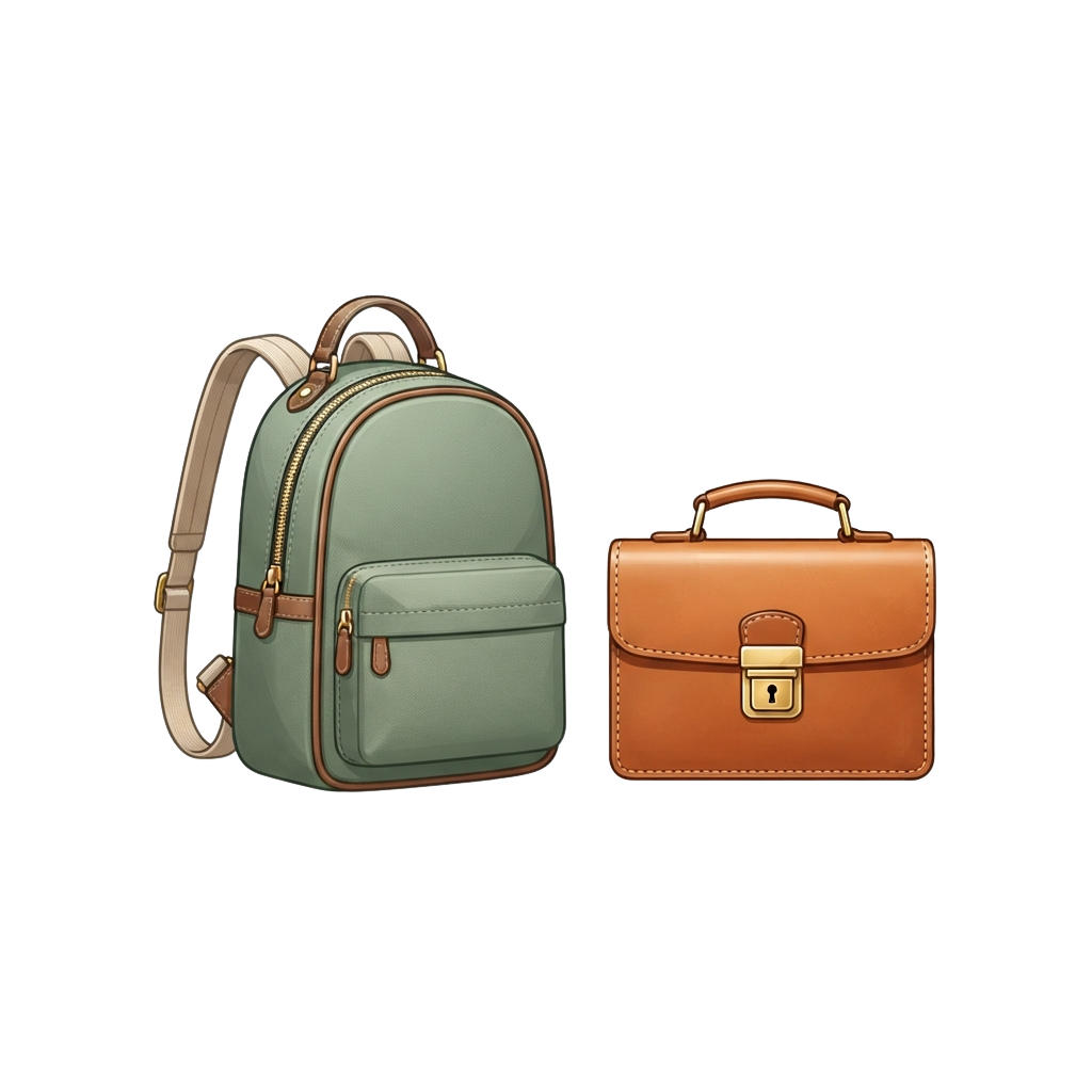 A green backpack with tan straps and trim next to a brown leather-style briefcase with a metal clasp.