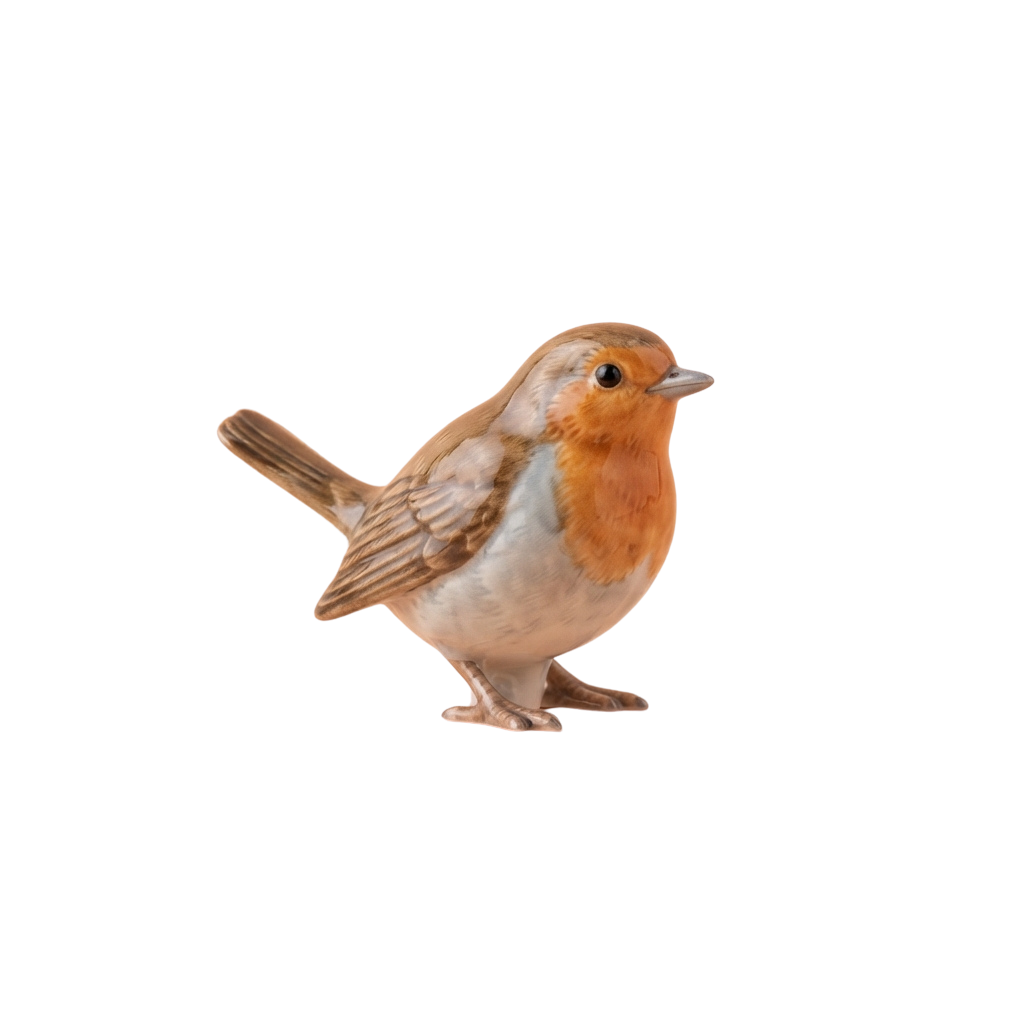 A close-up image of a European robin bird standing on one leg against a black background