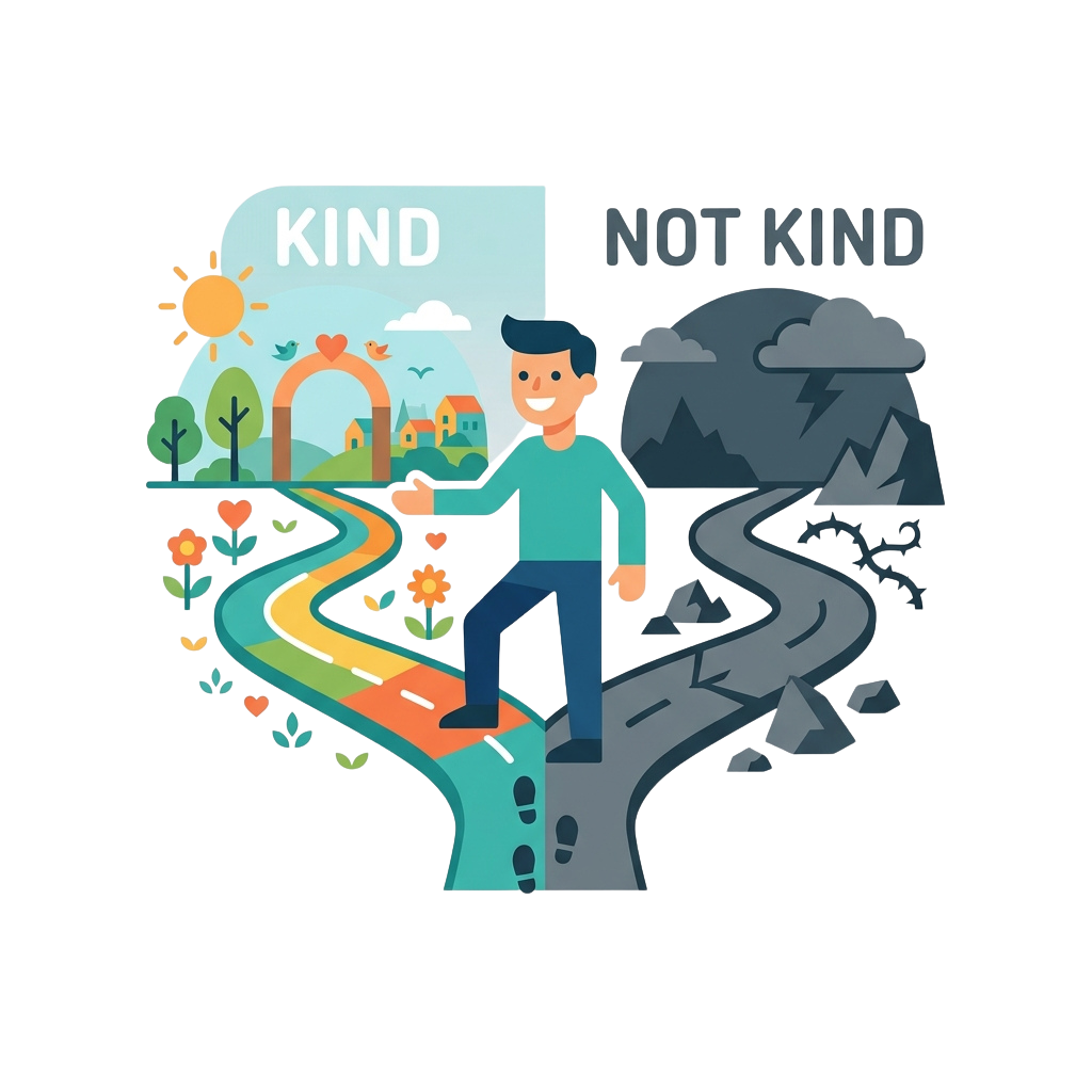 Illustration showing a person choosing a bright, kind path over a dark, stormy path labeled not kind