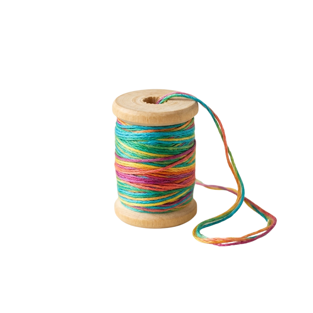 A wooden spool of multicolored yarn with a loose end hanging down