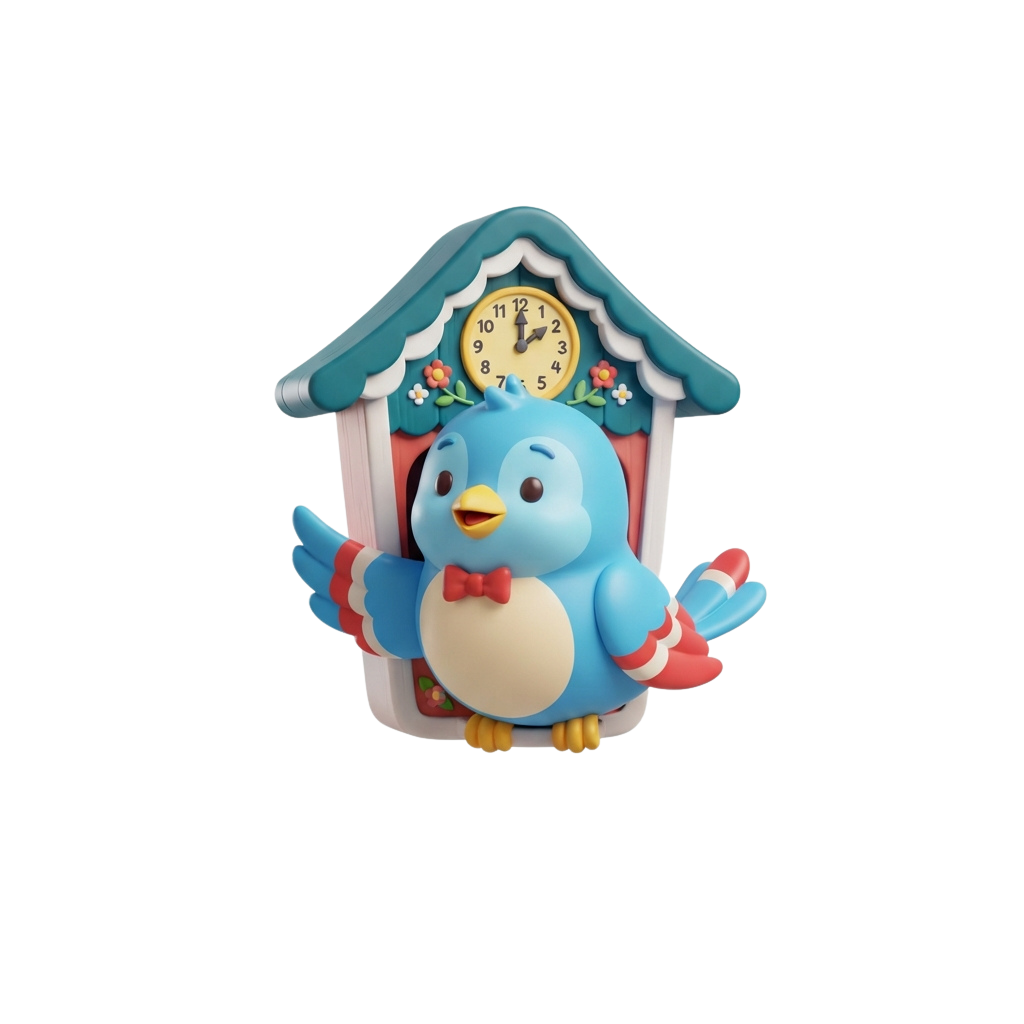 A cheerful blue bird figurine with a bow tie emerging from a small house-shaped clock.