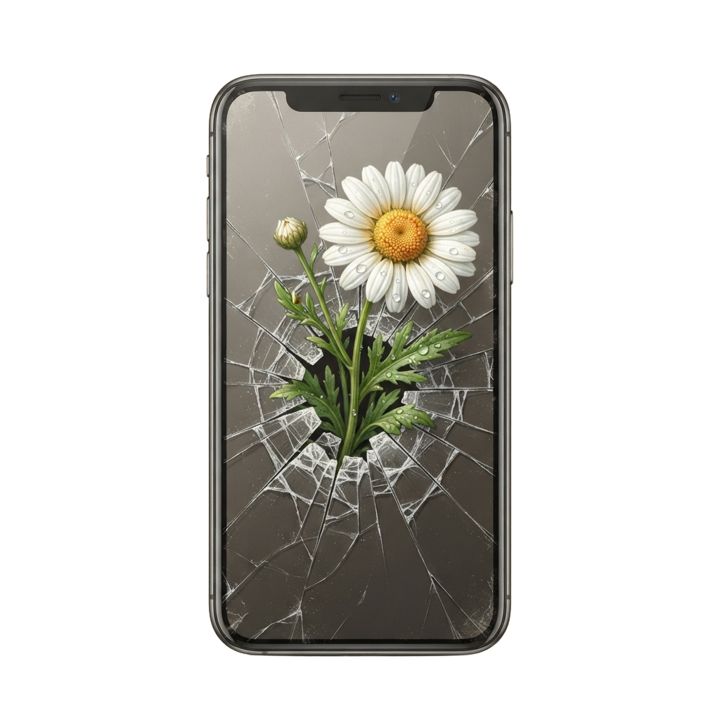 Cracked Smartphone Screen with Daisy Flower Wallpaper - Reclaim Social Day 6