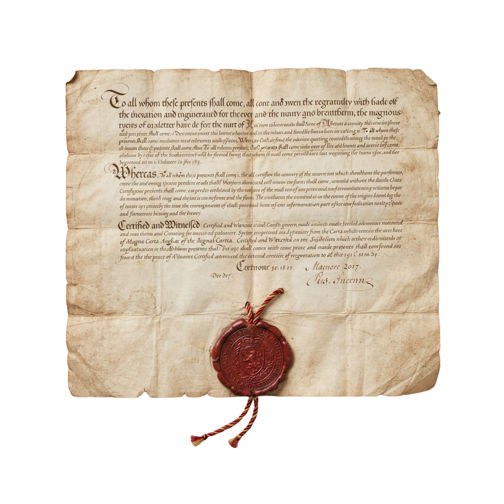 Old parchment document featuring handwritten text and a red wax seal attached by ribbon