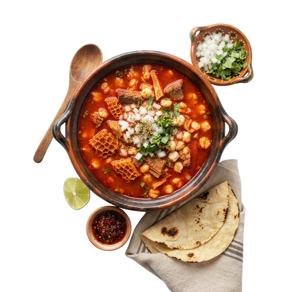 A bowl of chickpea stew topped with chopped cilantro, onions, and crispy fried plantains or tortilla pieces, served with tortillas and hot sauce.