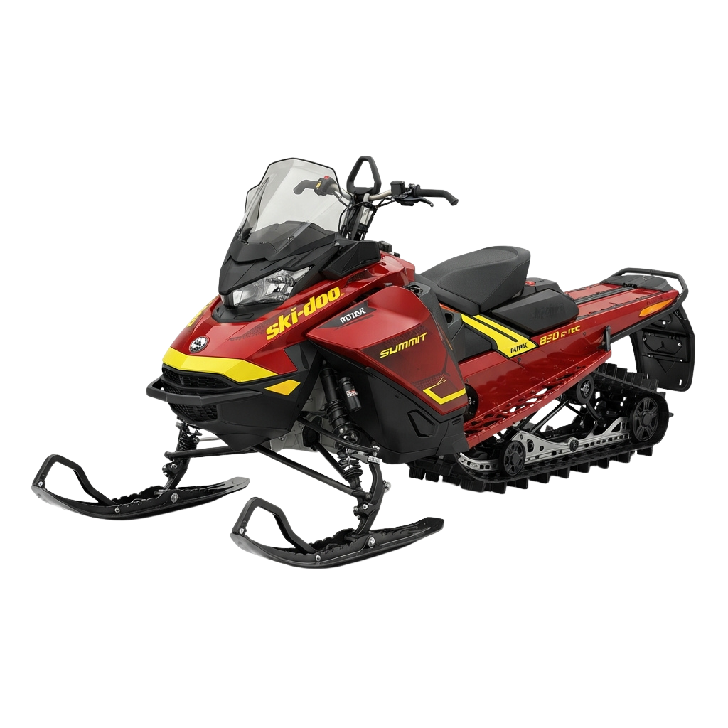 Red and yellow ski-doo snowmobile facing left with black seat and track skis