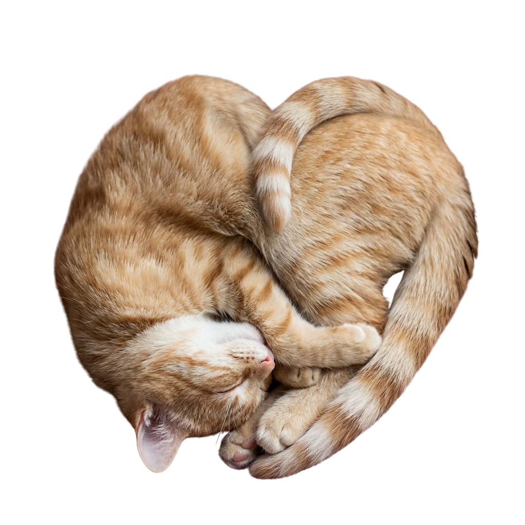 Sleeping orange tabby cat curled into a heart shape